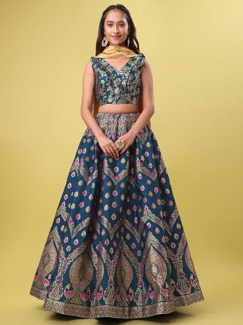 purvaja teal floral print stitched lehenga & unstitched blouse with dupatta