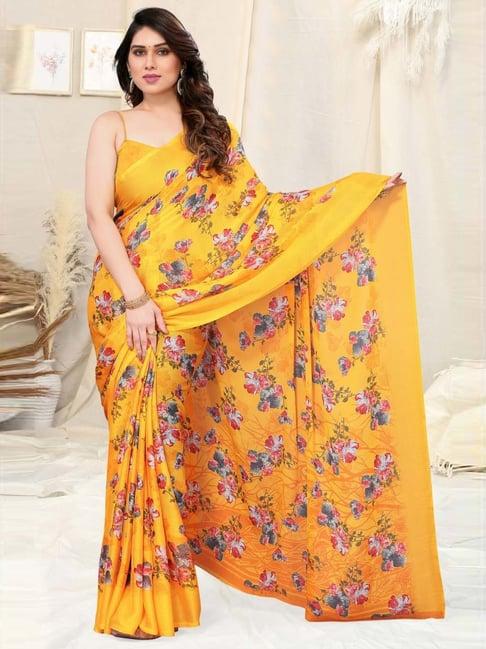 mirchi fashion mustard floral print saree with unstitched blouse