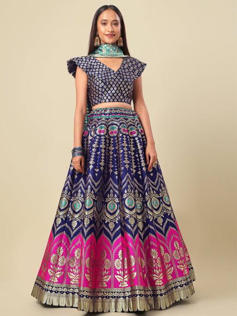 purvaja navy floral print stitched lehenga & unstitched blouse with dupatta