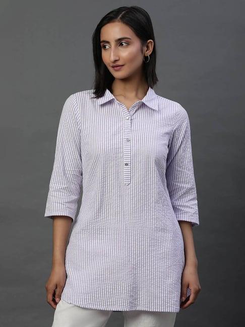 aurelia purple & white cotton striped straight short kurti