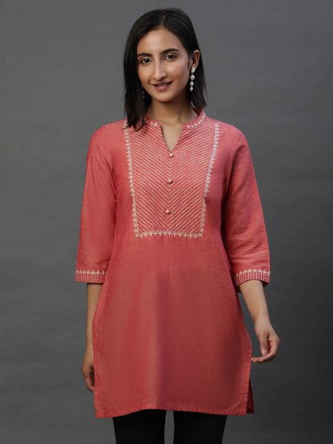 aurelia burnt coral cotton embroidered straight short kurti