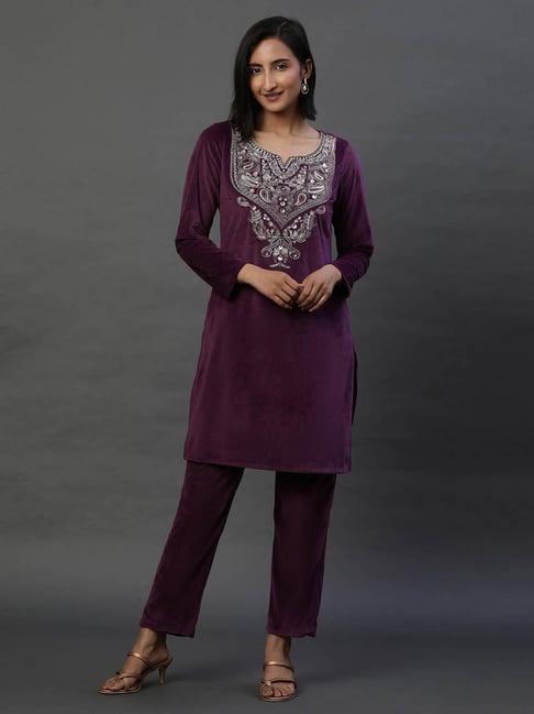 aurelia purple embroidered kurta pant set