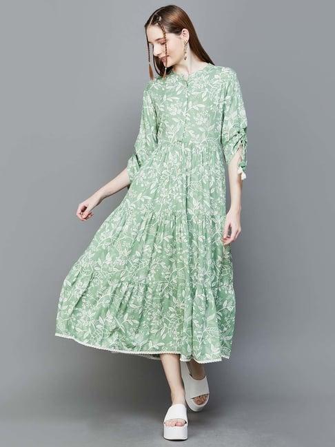 colour me by melange green floral print a-line dress