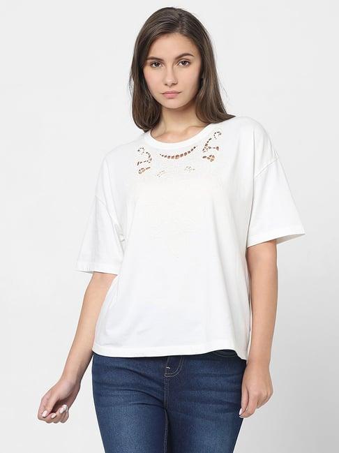 vero moda white cotton self design t-shirt