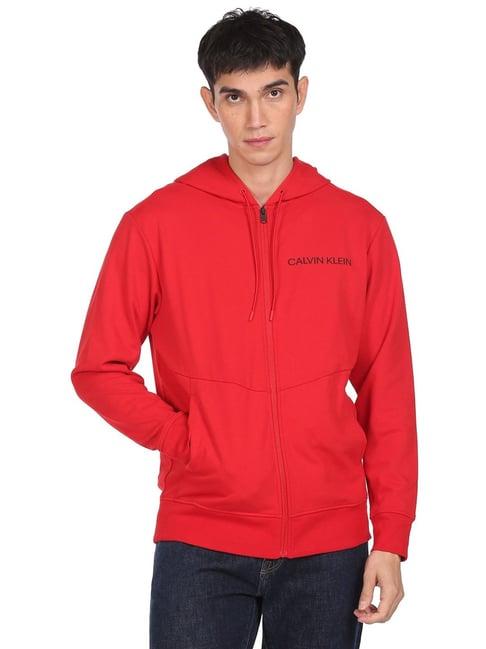 calvin klein jeans red regular fit logo printed hooded sweatshirt