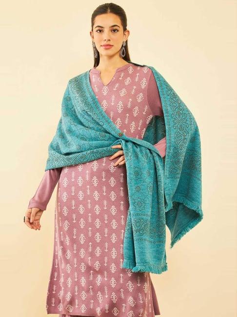 soch teal blue woven pattern shawl