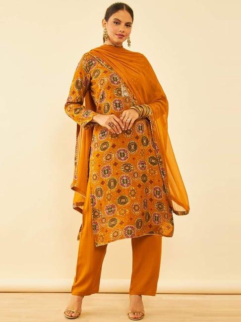 soch mustard printed unstitched dress material