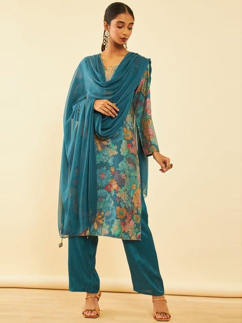 soch teal blue floral print unstitched dress material