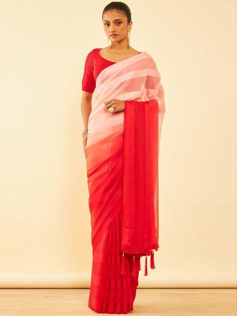 soch red striped saree with unstitched blouse