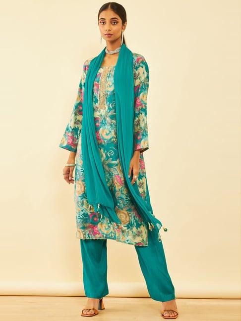 soch teal blue floral print unstitched dress material