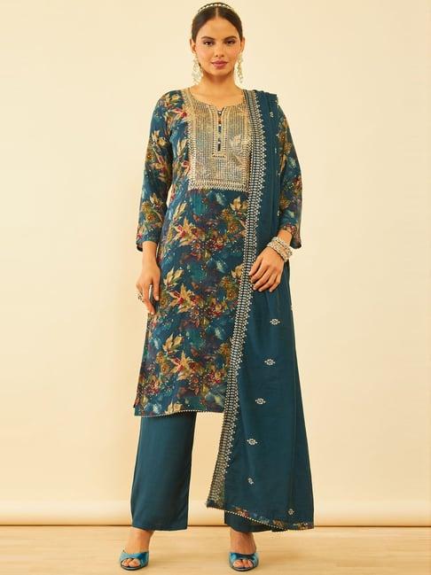 soch teal blue embroidered unstitched dress material