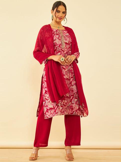 soch red floral print unstitched dress material