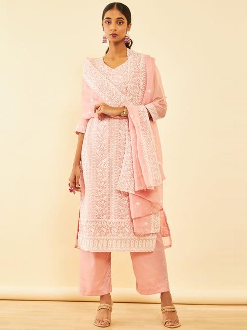 soch pink embroidered unstitched dress material