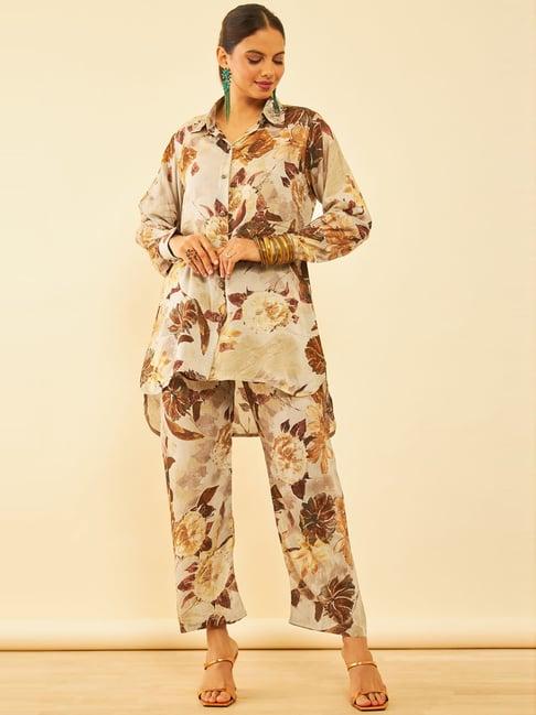 soch beige floral print shirt pant set