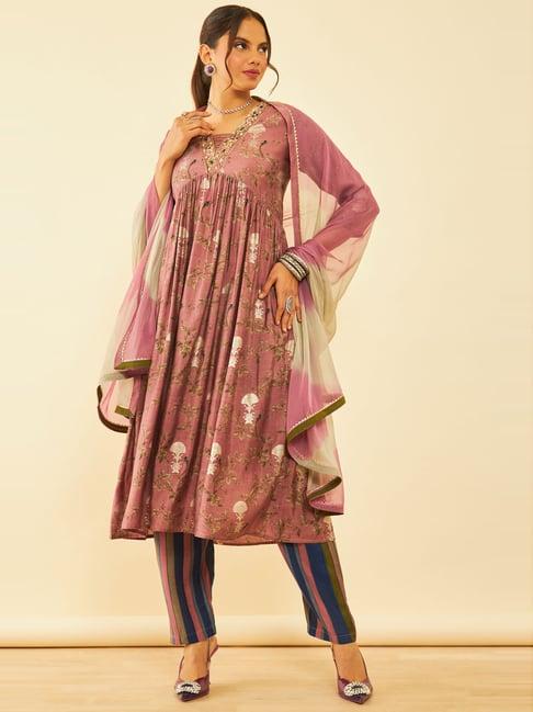 soch onion pink floral print kurta pant set with dupatta