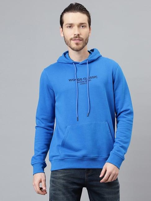 woods blue cotton regular fit printed hooded sweatshirt