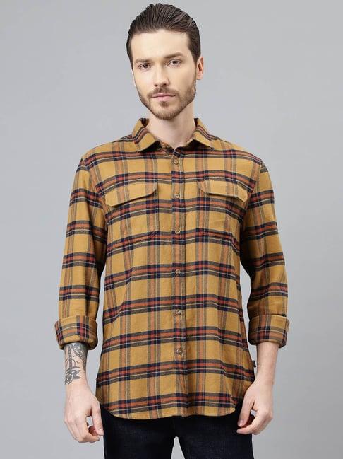 woodland yellow cotton regular fit checks shirt