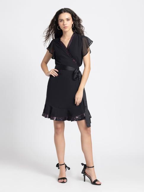 shaye black embellished wrap dress