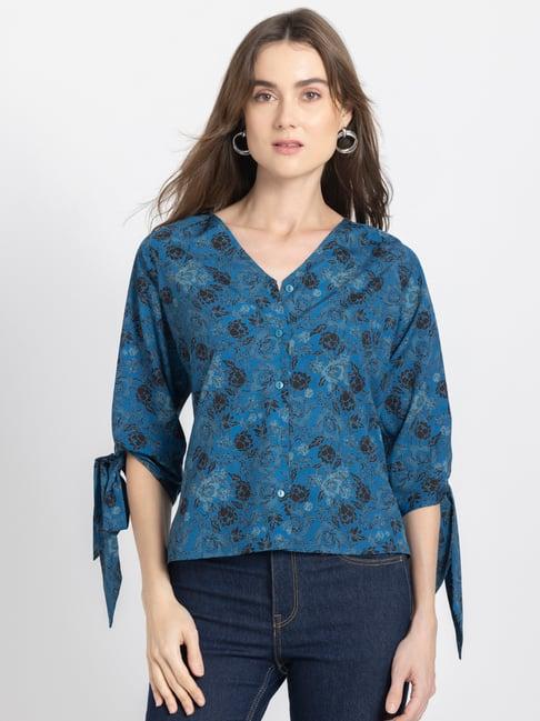 shaye teal & black floral print shirt