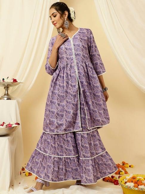 jaipur kurti lavender floral print kurta sharara set