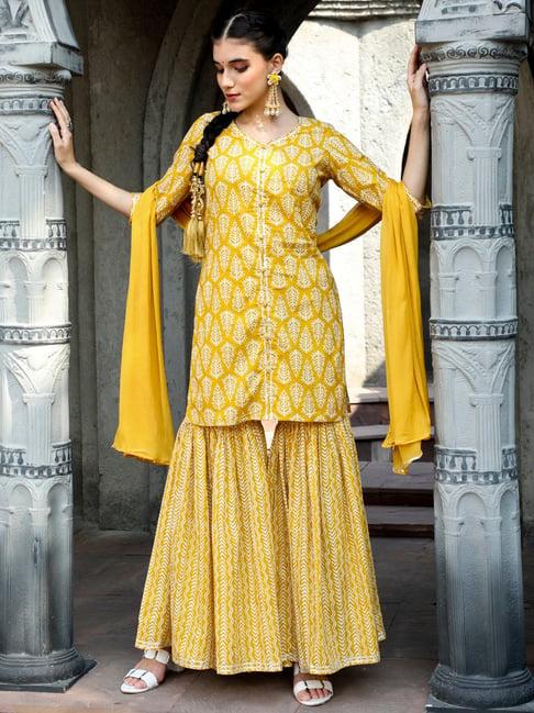 jaipur kurti yellow printed kurta with sharara & dupatta