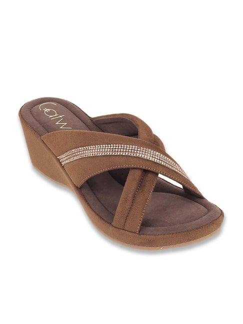 catwalk women's brown cross strap wedges