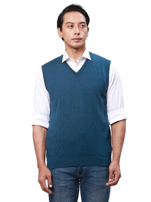 park avenue sea green regular fit self pattern sweater