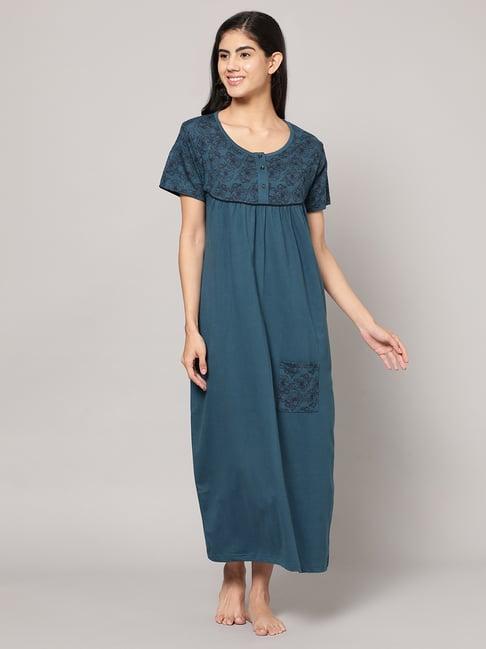 kryptic teal cotton floral print nighty