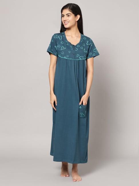 kryptic teal cotton printed nighty