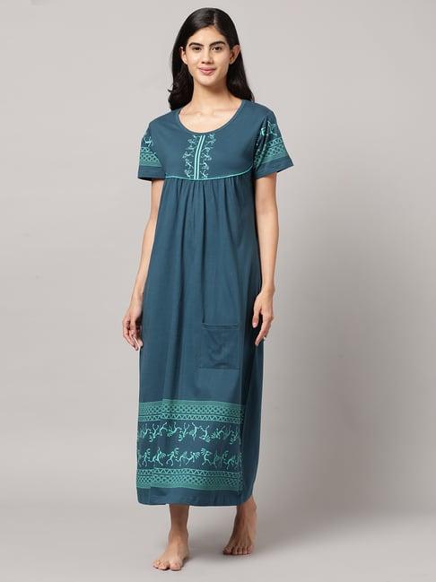 kryptic teal cotton printed nighty