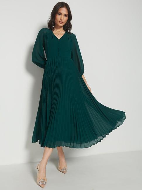 and green pleated maxi dress