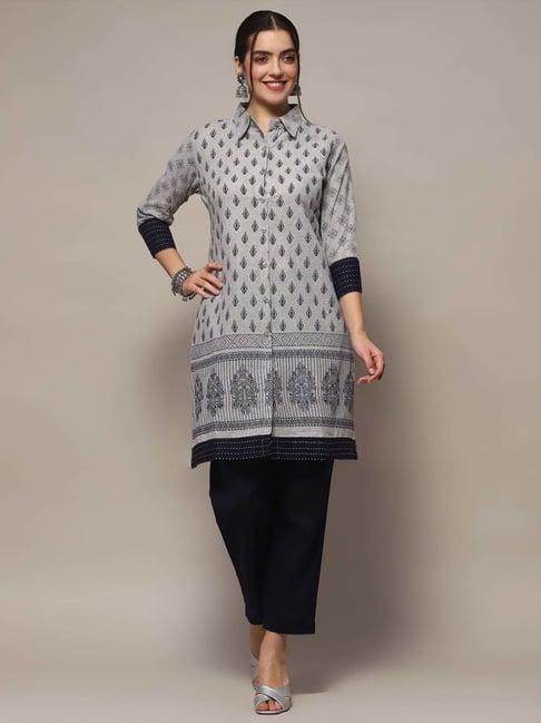 biba grey & blue cotton printed unstitched dress material