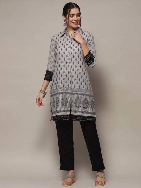 biba grey & black cotton printed unstitched dress material