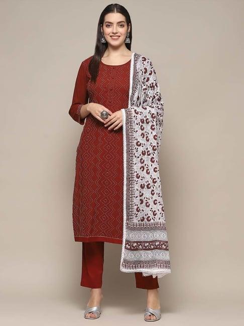 biba maroon cotton embroidered unstitched dress material