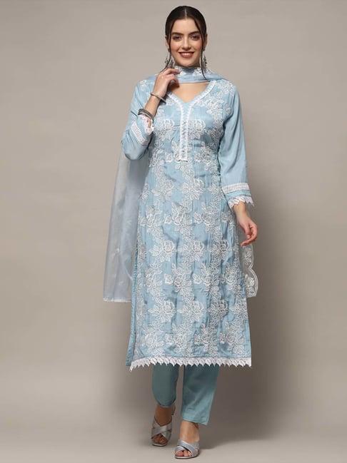 biba blue embroidered unstitched dress material