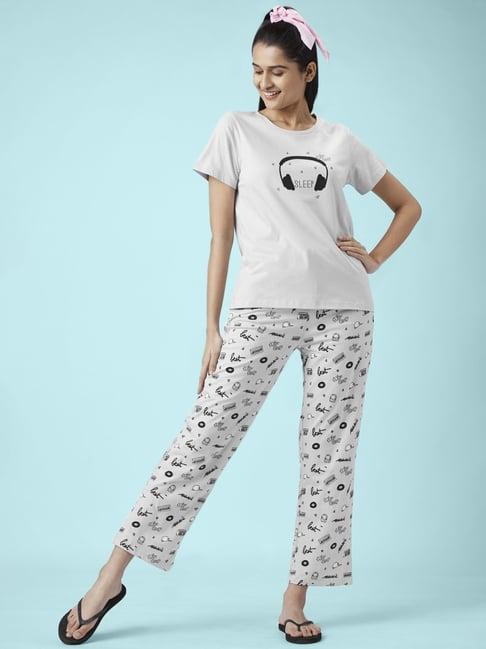 dreamz by pantaloons grey cotton printed t-shirt pyjamas set