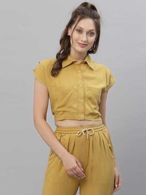 kassually mustard regular fit crop shirt