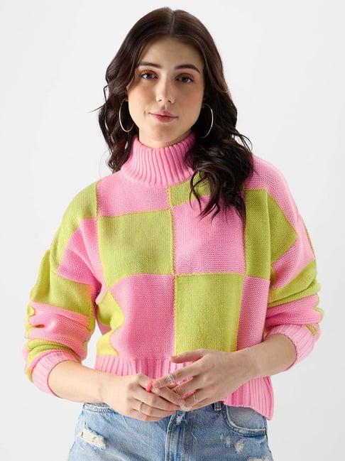 the souled store green & pink cotton color-block sweater