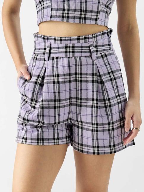 the souled store purple cotton chequered shorts