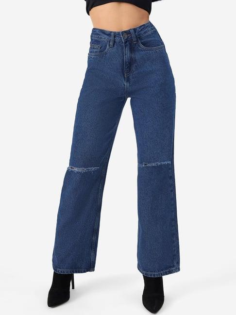 the souled store blue cotton distressed mid rise flared jeans