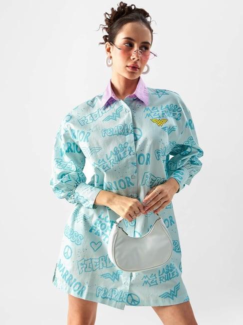 the souled store blue cotton printed shirt dress