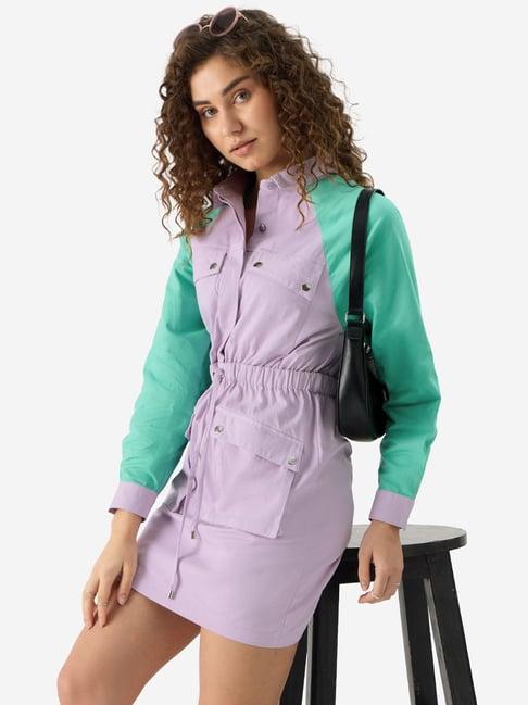 the souled store purple & green cotton color-block blouson dress