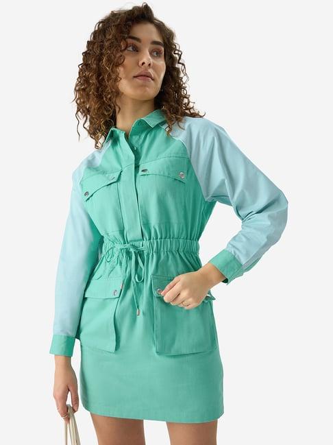 the souled store turquoise & blue cotton color-block blouson dress