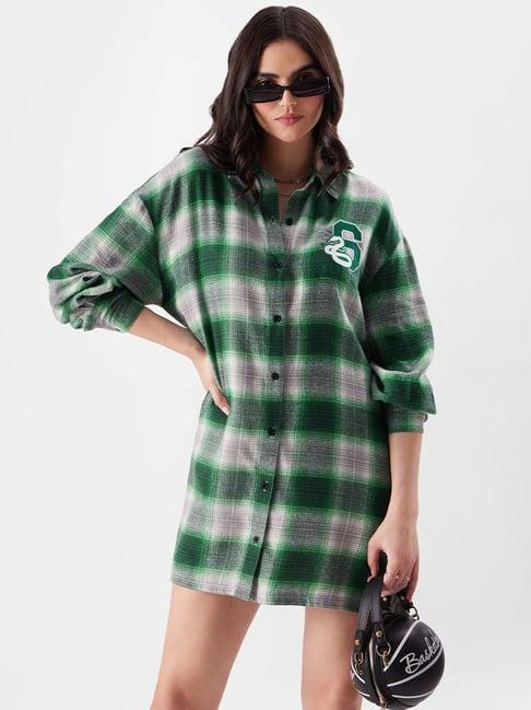 the souled store green & white cotton chequered shirt dress