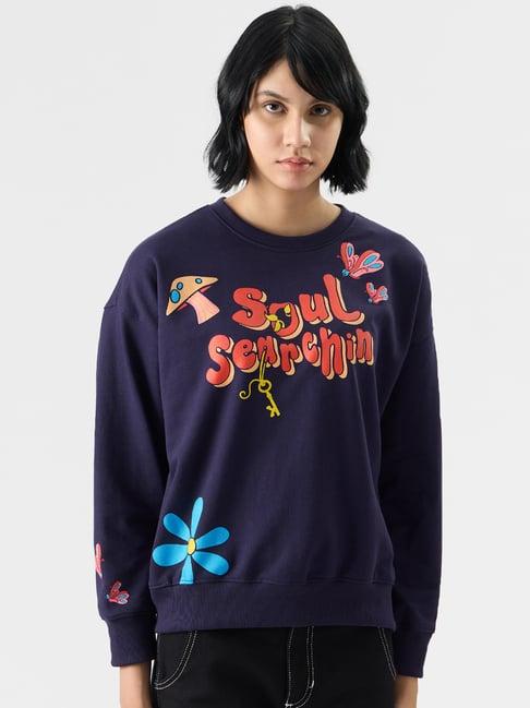 the souled store navy cotton printed sweatshirt