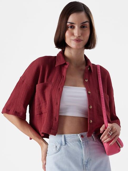 the souled store maroon striped crop shirt