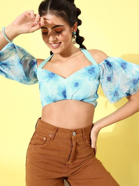 kassually blue floral print crop top