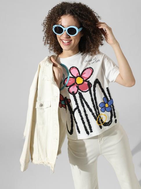 only white cotton floral print t-shirt