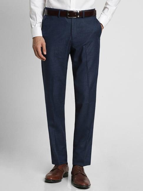 peter england navy slim fit texture trousers