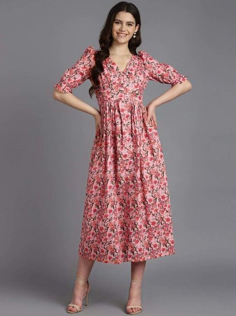 zari jaipur pink cotton printed a-line dress